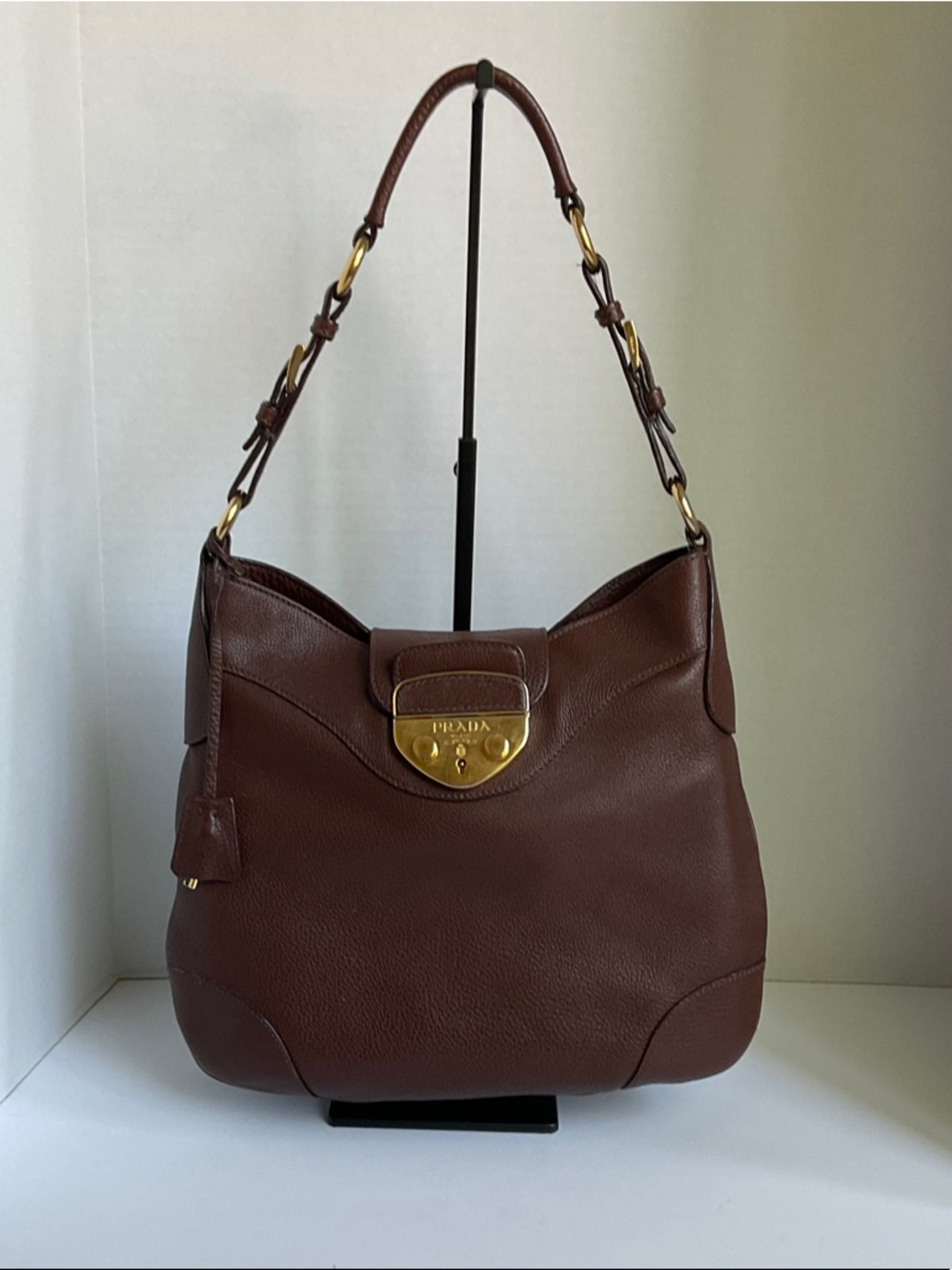 Prada Chocolate Brown Pebbled Leather Hobo with Gold Hardware